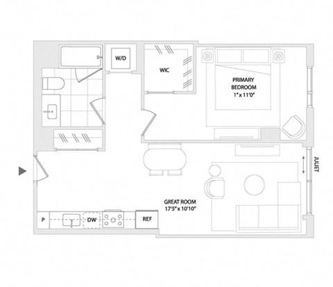 Floor plan for 1 bed, 1 bath, 707 sqft